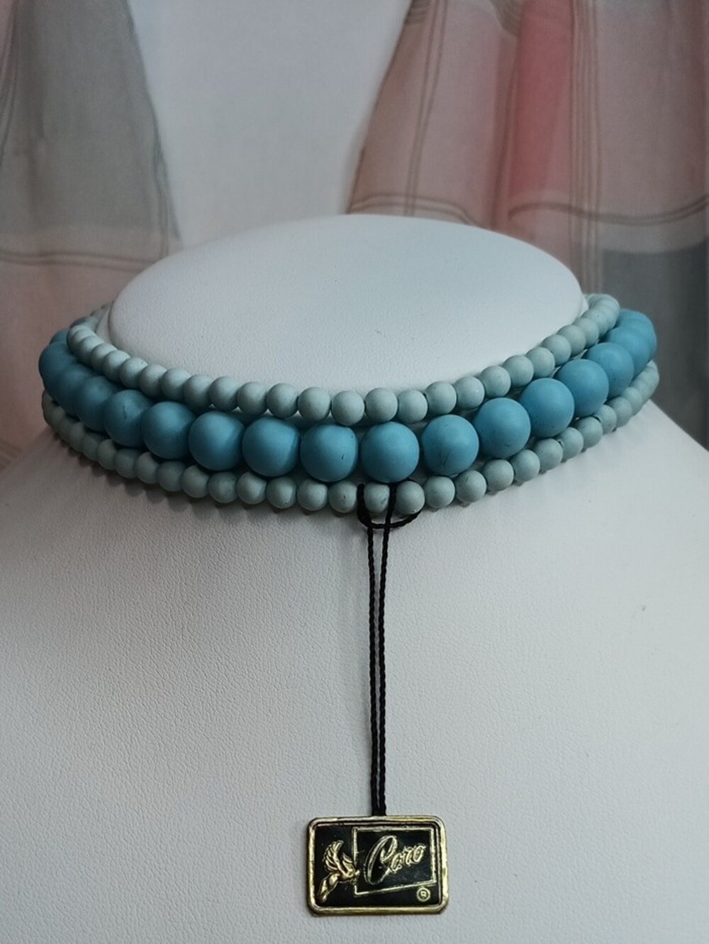 Coro Blue Matte Layered Beaded Choker Necklace 13.5" Long Vintage MCM